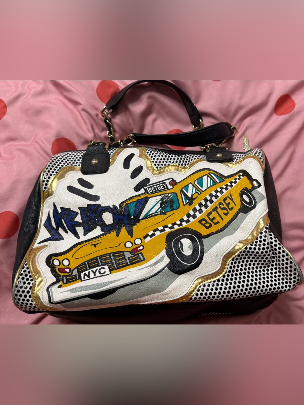 Betsey Johnson Yellow, Black & White Taxi Graphic Satchel